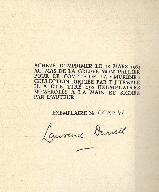 La Descente du Styx — Lawrence Durrell · Édition bilingue originale · N° CCXXVI/250 · Signé par Durrell · La Murène, 1964