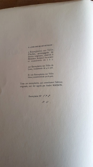 André Masson — Édition originale paraphée · Textes inédits de Breton, Bataille, Éluard, Desnos & al. · 1940 · N° 198/297