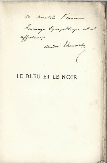 Le Bleu et le Noir — André Theuriet · Dédicace autographe à Anatole France · Édition originale · Alphonse Lemerre, 1874