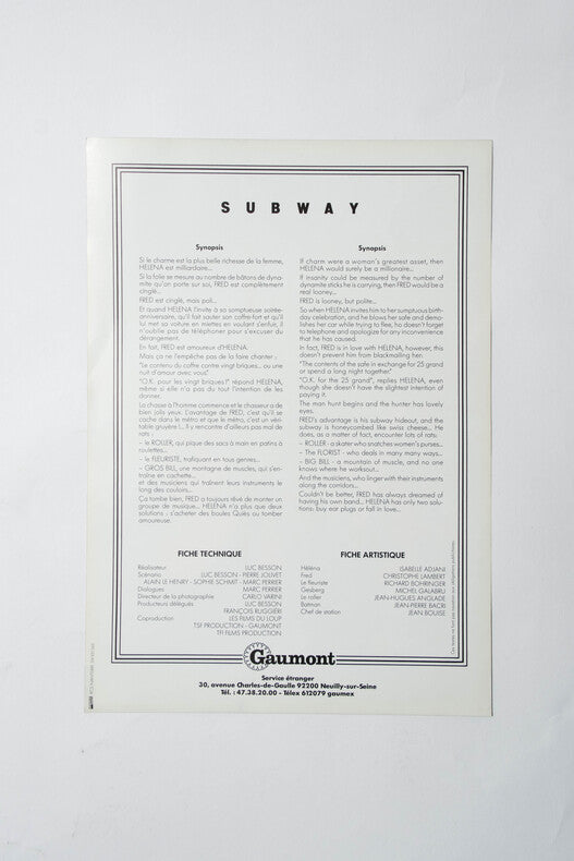 Subway — Affichette originale d'exploitation · Luc Besson · Adjani · Lambert · Gaumont Paris, 1985