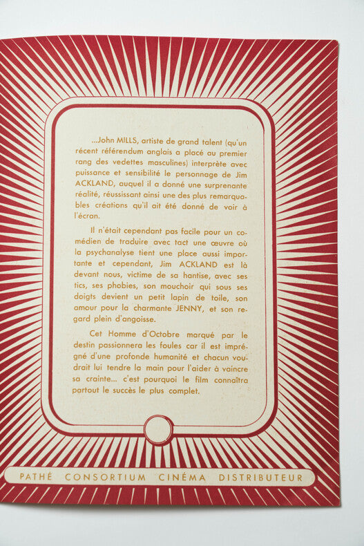 L'Homme d'Octobre — Dossier de presse original · Roy Baker · Eric Ambler · John Mills · Joan Greenwood · 1947