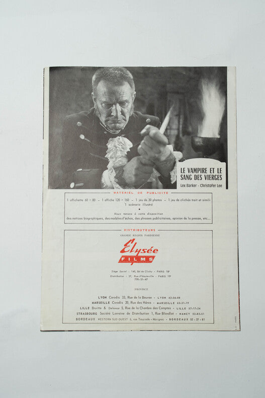 Le Vampire et le Sang des Vierges — Dossier de presse original · Harald Reinl · Christopher Lee · Lex Barker · 1967