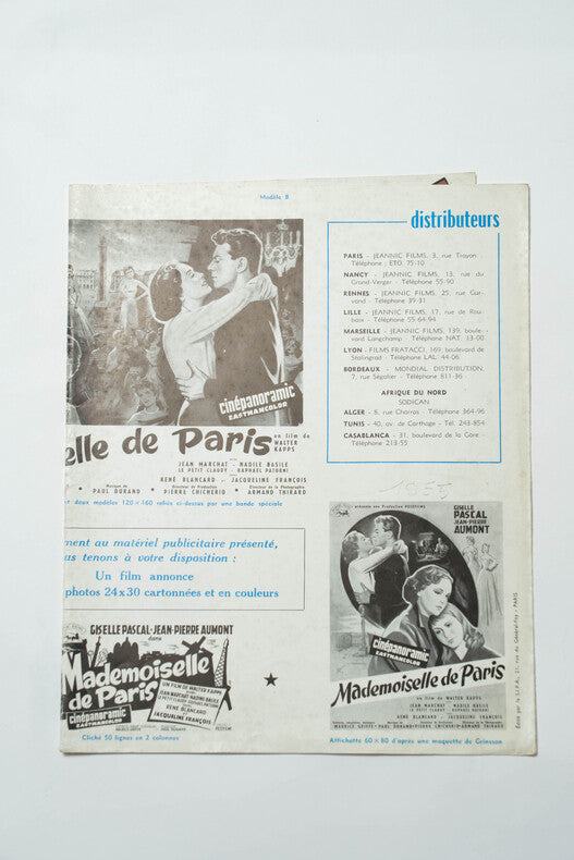 Mademoiselle de Paris — Dossier de presse original dédicacé · Walter Kapps · Jacqueline François · Jean-Pierre Aumont · Capucine · 1955