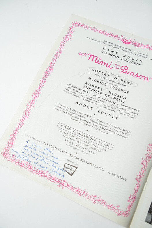 Mimi Pinson — Dossier de presse original · Robert Darène · Couverture Raymond Peynet · Dédicace du réalisateur · Films Fernand Rivers, 1957