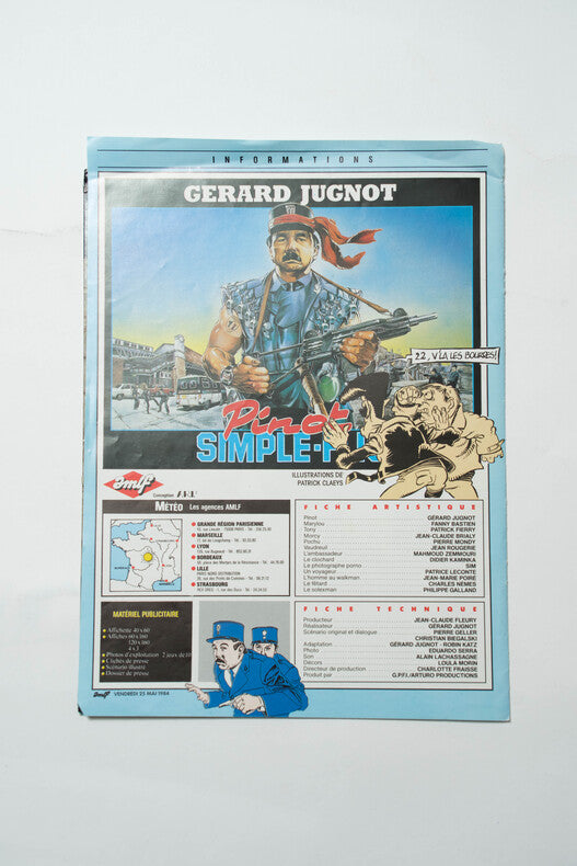 Pinot Simple Flic — Dossier de presse original + faux journal de sortie · Gérard Jugnot · Couverture Patrick Claeys · Parafrance, 1984