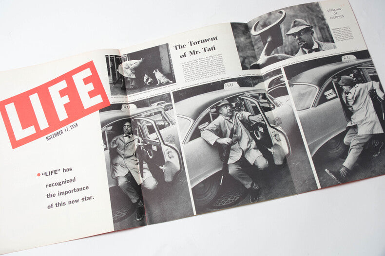 My Uncle / Mon Oncle — Dossier de presse américain original · Jacques Tati · Couverture Pierre Étaix · Caricature de Tati · Continental Distributing / Life Magazine, 1958