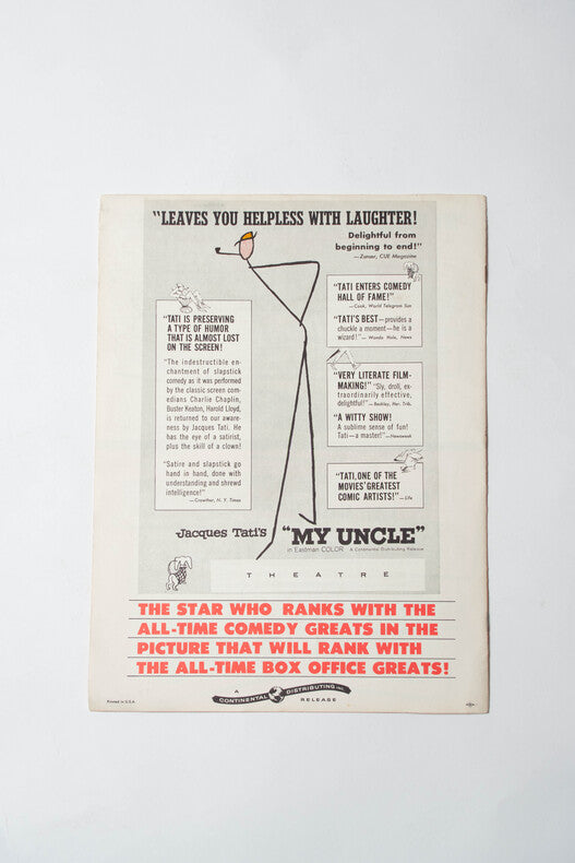 My Uncle / Mon Oncle — Dossier de presse américain original · Jacques Tati · Couverture Pierre Étaix · Caricature de Tati · Continental Distributing / Life Magazine, 1958