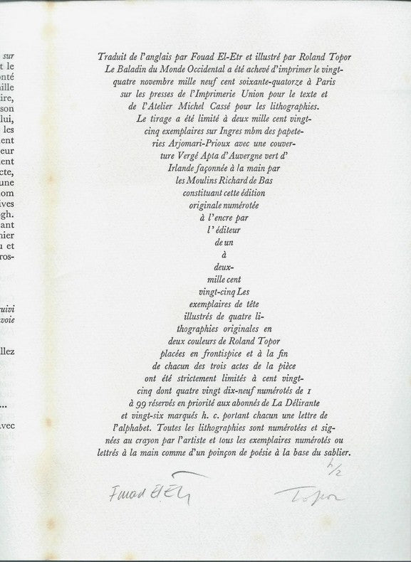 Le Baladin du Monde Occidental — J.M. Synge · 4 lithographies originales signées de Topor · Hors commerce H/2 · Dédicace du traducteur · La Délirante, 1974