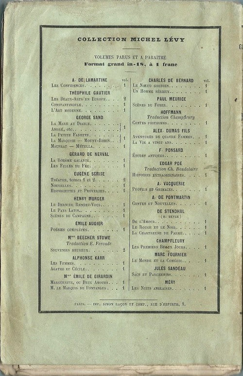 La Bohème Galante — Gérard de Nerval · Édition originale broché · Michel Lévy Frères, Paris, 1855