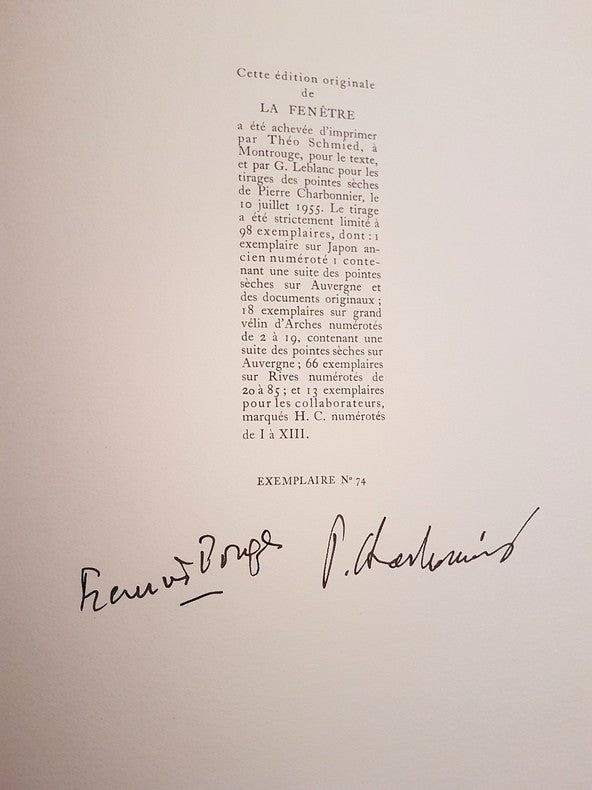 La Fenêtre — Francis Ponge · 2 pointes sèches de Charbonnier · N° 74/66 sur Rives · Édition originale · John Devoluy, 1955