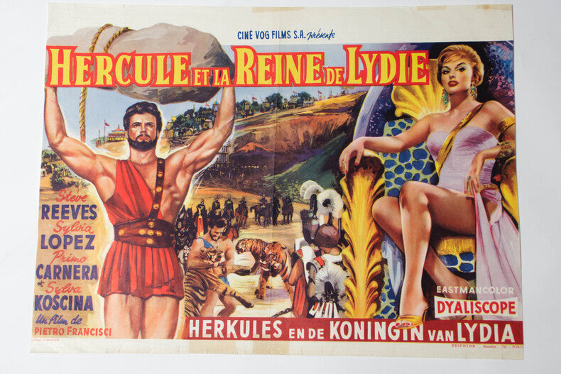 Hercule et la Reine de Lydie — Affiche originale belge d'exploitation · Francisci & Bava · Steve Reeves · Ciné Vog Films, 1959