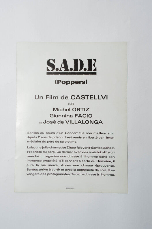 S.A.D.E (Poppers) — Affichette originale d'exploitation · José María Castellví · Illustration Melki · Impex et Eva Films, 1983