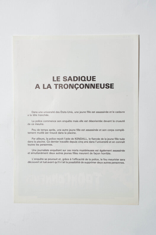 Le Sadique à la Tronçonneuse — Affichette originale d'exploitation · Juan Piquer Simón · R.I.D, 1982
